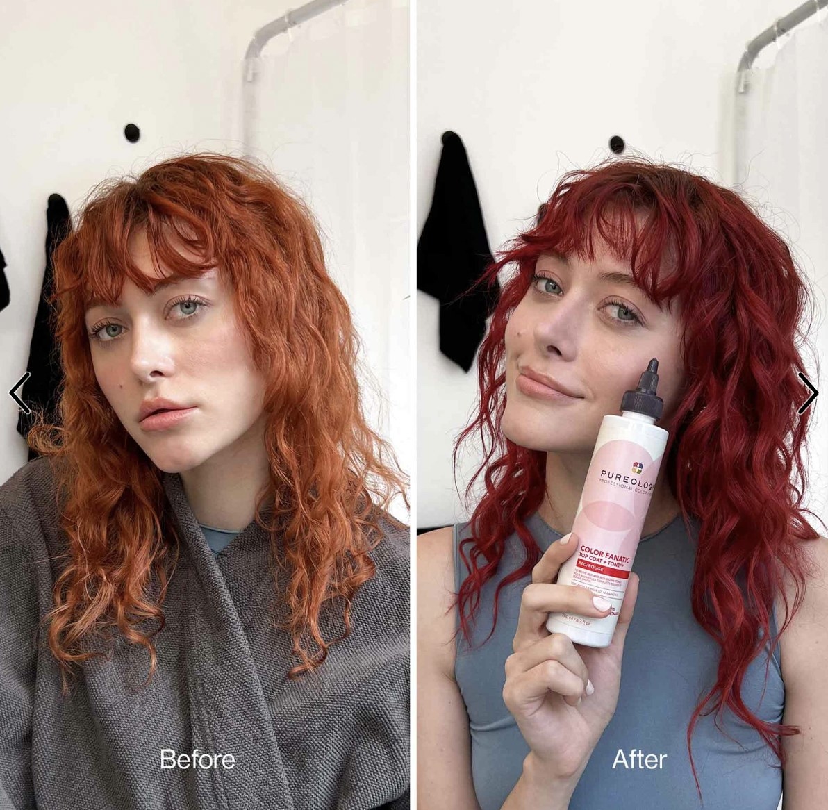 A set of before and after images of a person with red hair