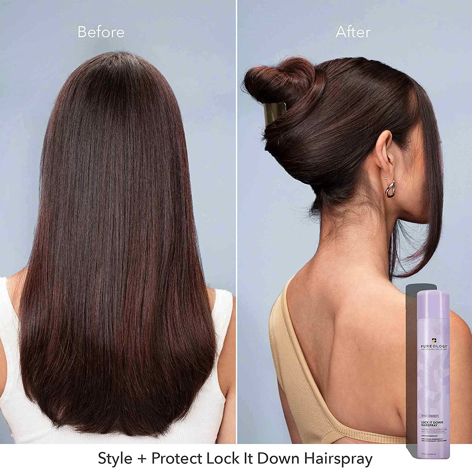 A before and after image of a person&#x27;s hair wit using hairspray