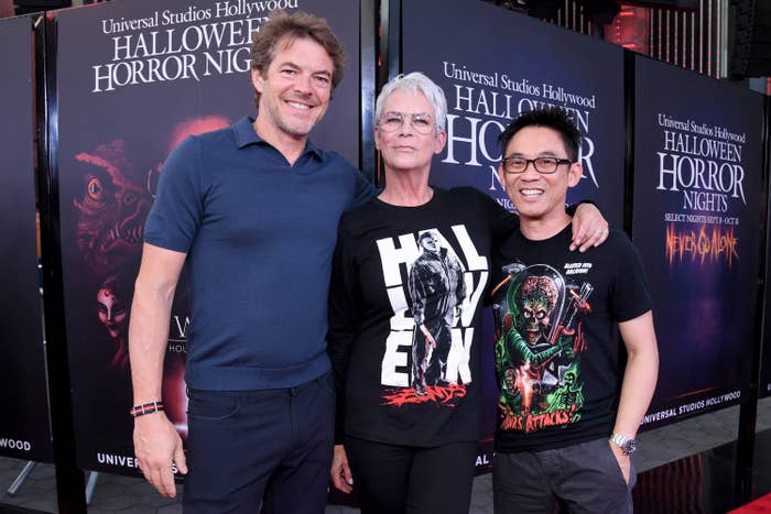 Jason Blum, Jamie Lee Curtis and James Wan at Universal Studios Hollywood Halloween Horror Nights