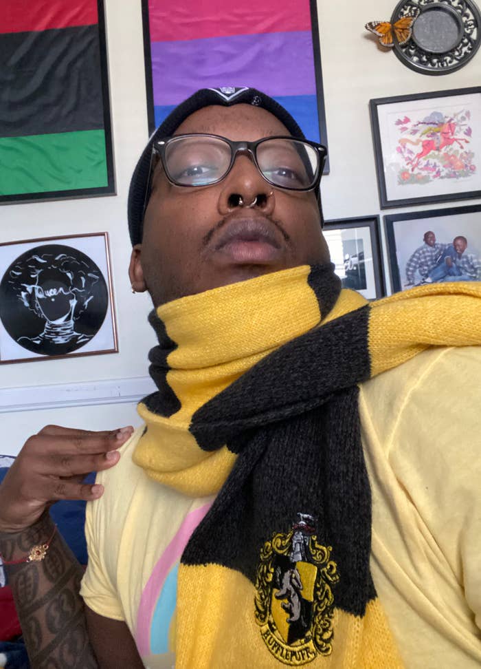 Myke Thompson wearing Hufflepuff scarf