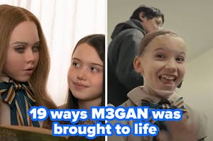 A split thumbnail, with one image showing M3GAN and Cady and one showing Amie Donald in a wig cap after removing the M3GAN mask