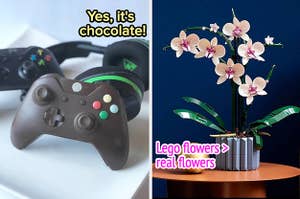 a chocolate xbox controller with text: yes, it's chocolate! / a lego orchid with text: lego flowers > real flowers