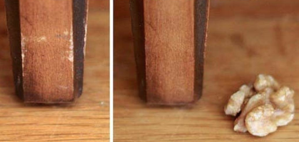 Before and after photos of a wooden leg with a walnut used to treat the wood
