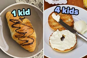 On the left, a chocolate croissant labeled one kid, and on the right, someone spreading cream cheese on a bagel labeled four kids