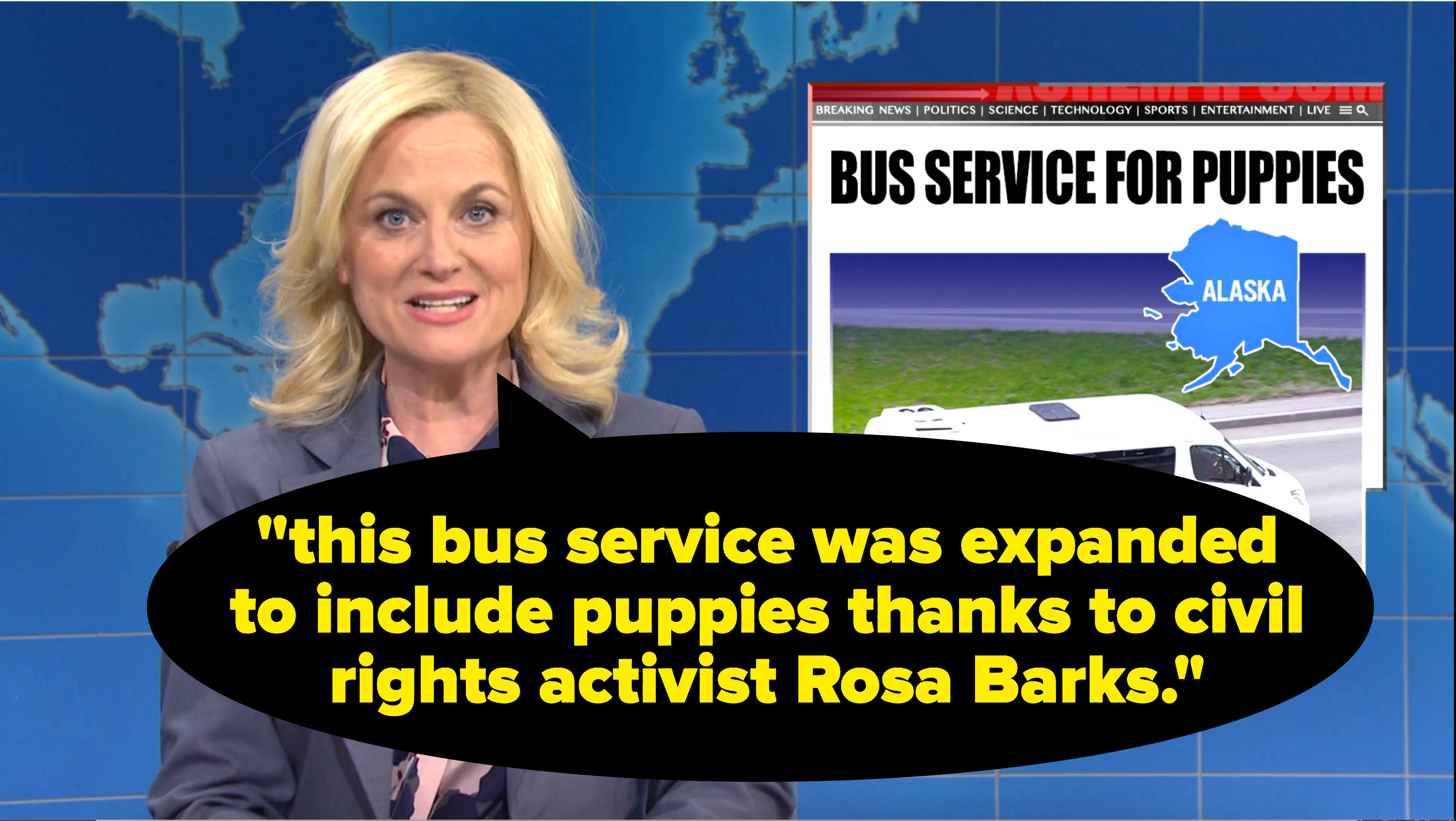 Amy saying &quot;this bus service was expanded to include puppies thanks to civil rights activist Rosa Barks&quot;