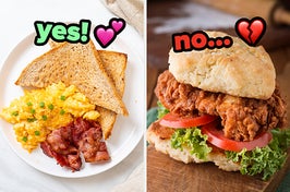 On the left, bacon, eggs, and toast labeled yes, and on the right, a fried chicken sandwich labeled no