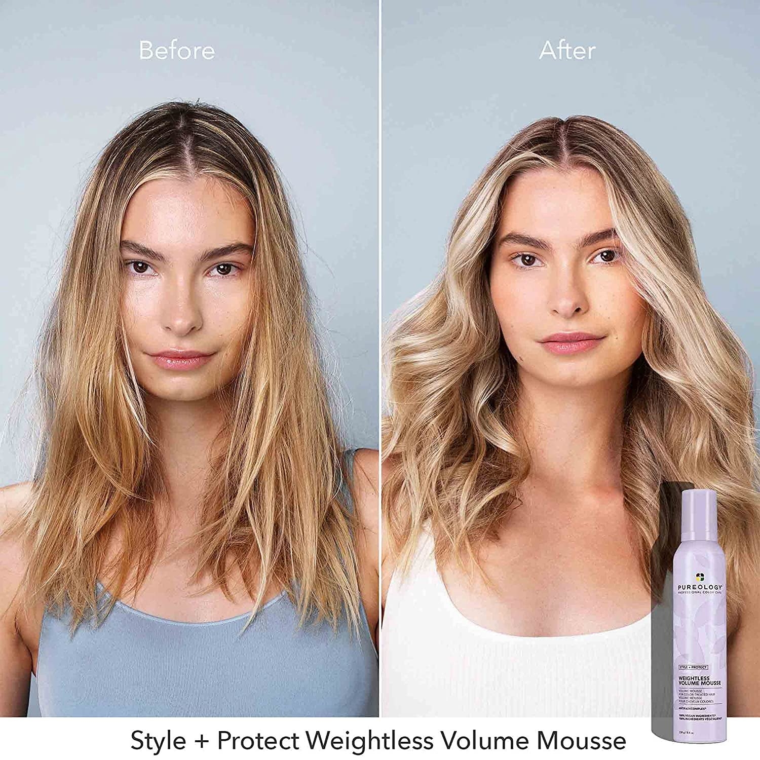 A set of before and after images of a person using volume mousse