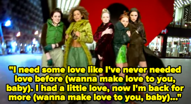 A group of women singing: &quot;I need some love like I&#x27;ve never needed love before (wanna make love to you baby). I had a little love, now I&#x27;m back for more (wanna make love to you, baby)&quot;