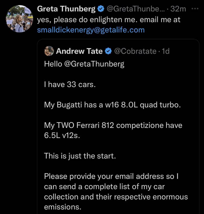 greta responds please email me at small dick energy at get a life dot com to andrew&#x27;s goading tweet that he has 33 cars