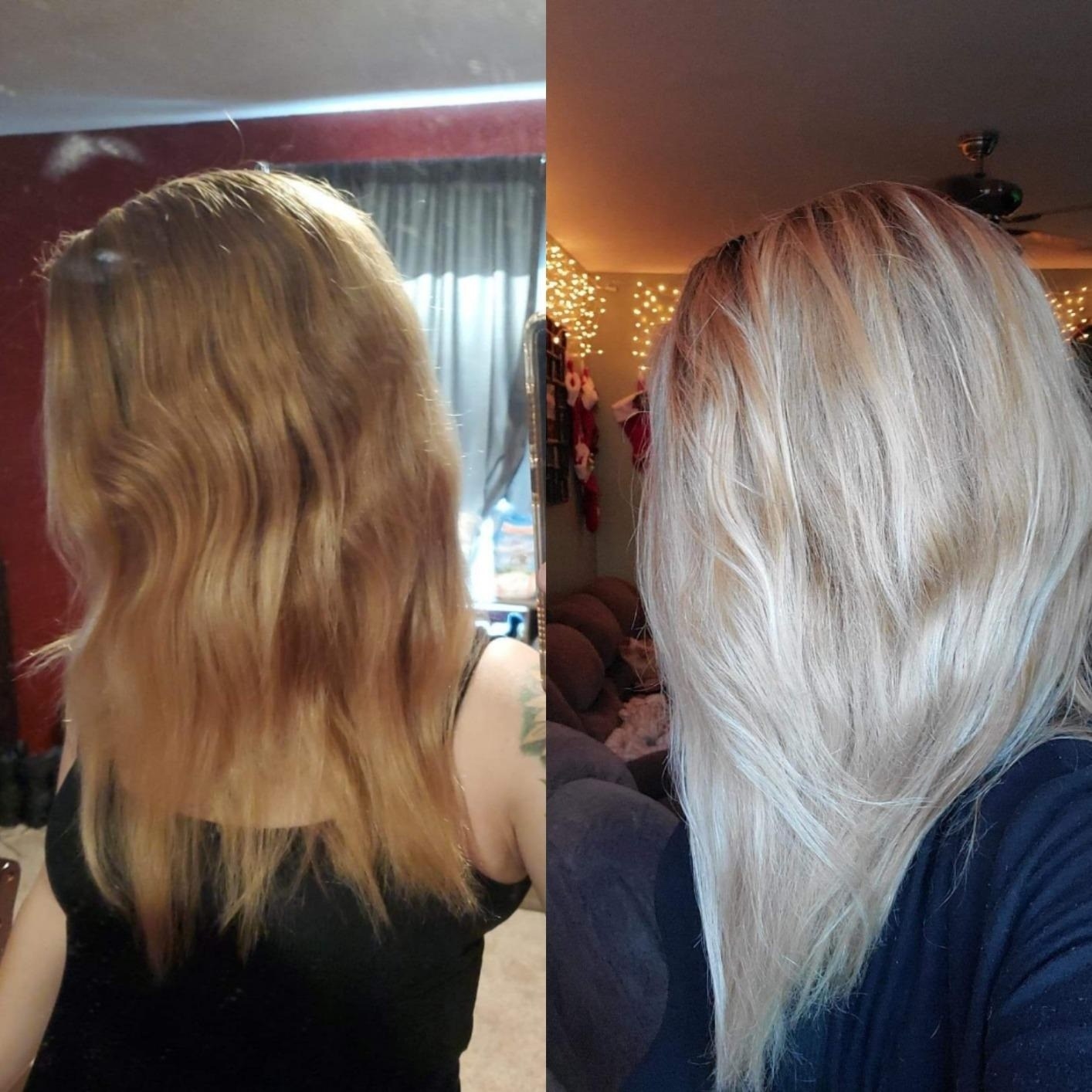 reviewer showing a brassy before picture and then an after image of white blonde hair