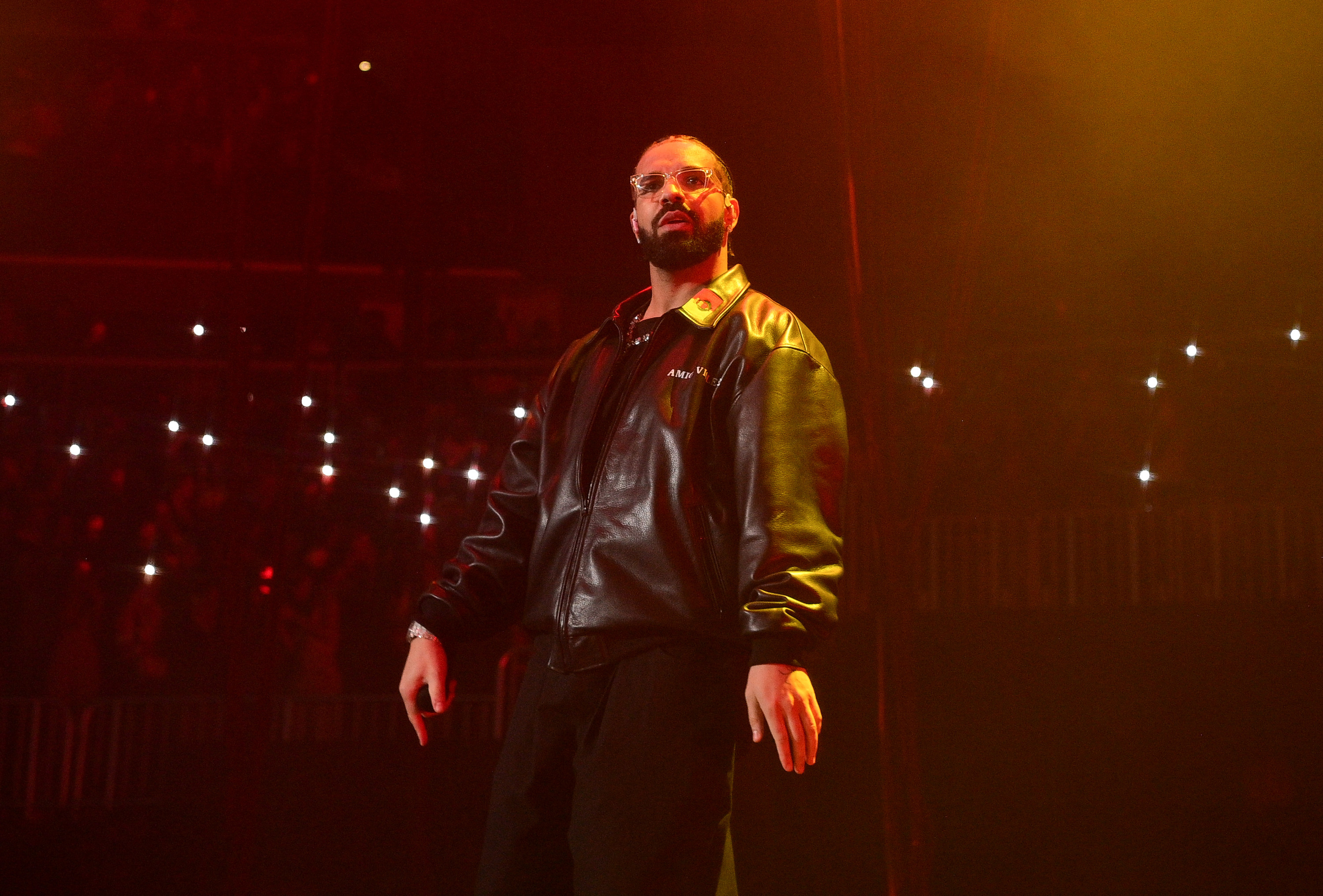 A closeup of Drake performing