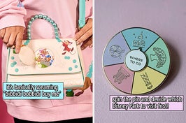 to the left: a cinderella themed hand bag, to the right: a pin that spins to decide which disney park to visit