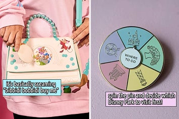to the left: a cinderella themed hand bag, to the right: a pin that spins to decide which disney park to visit