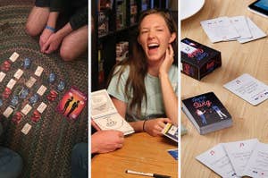 Reviewer image of people sitting around game cards and product box, reviewer image of person laughing at sketchpad drawing, black game box surrounded by playing cards