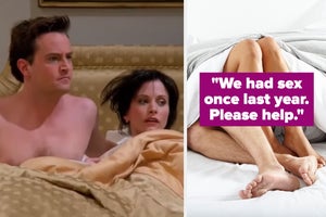 monica and chandler in bed together next to legs tangled in sheets together with the text "We had sex once last year. Please help"