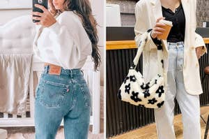 on left, reviewer wearing levi's ribcage straight jeans. on right, model carrying fluffy white bag with black floral print