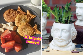 fish-shaped pancakes "A Taiyaki maker!", the Shakespeare planter