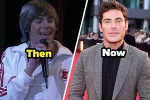 Zac Efron in High School Musical and on the red carpet / on-image text: Then Now