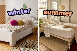 On the left, a bed with puffy comforter and pillows on it labeled winter, and on the right, a bed in front of windows labeled summer