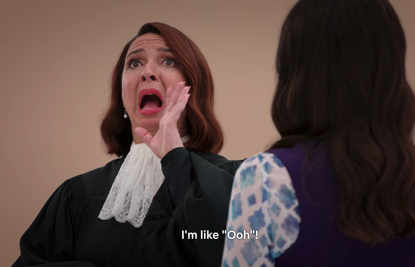 Maya Rudolph dressed as a judge shouting &quot;I&#x27;m like Ooh!&quot; in &quot;The Good Place&quot;