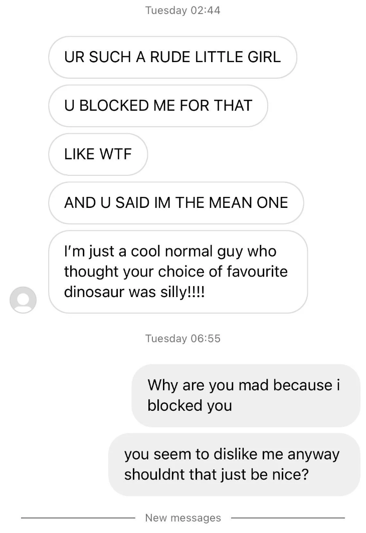 man yelling and sending messages with name calling after being blocked