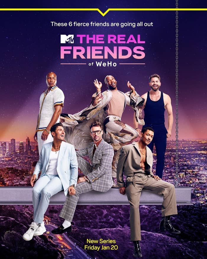 The promo poster for the show featuring the cast sitting and standing on a hanging construction beam with the skyline behind them