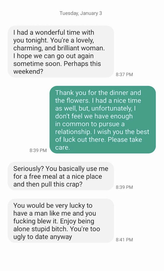man upset and going off to call her a bitch after she says she didn&#x27;t feel a connection after the date