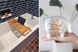 on right, wood bathtub caddy above white tub. on right, sheep-shaped container filled with q-tips