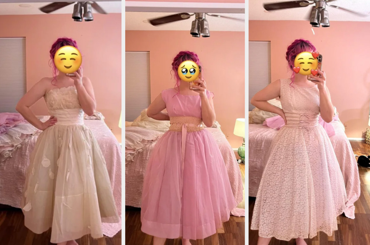A woman modeling dresses she bought for $1 apiece
