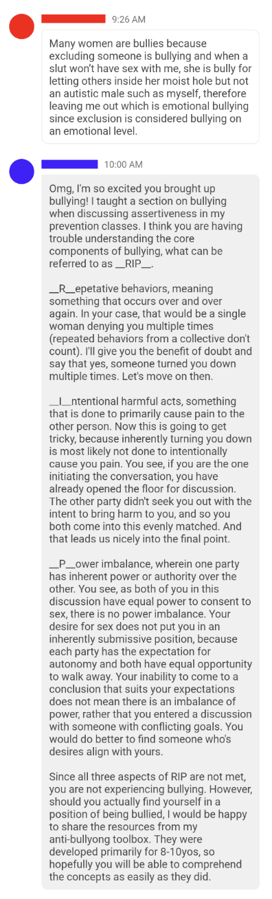 someone responding to a man claiming he&#x27;s being bullied everytime he gets rejected from sex from a woman