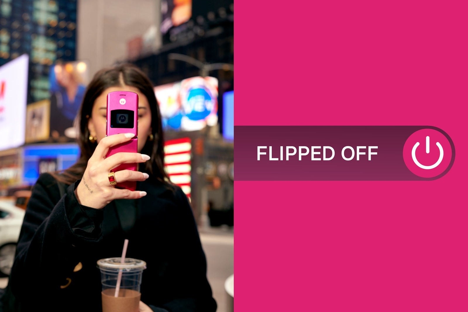 left: a dark-haired woman holds up a pink razr phone covering her face. right: a pink background with &quot;flipped off&quot; and a power button written in the middle