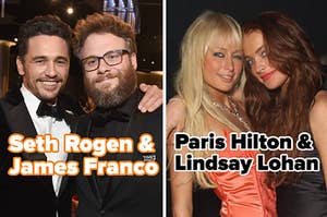 Left Side: Seth Rogen and Hames Franco; Right Side: Paris Hilton and Lindsay Lohan 