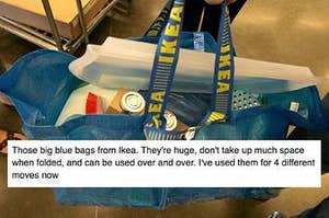 Big blue IKEA bag with household items inside