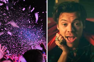 On the left, confetti flying in the air at a concert, and on the right, Harry Styles in the Late Night Talking music video