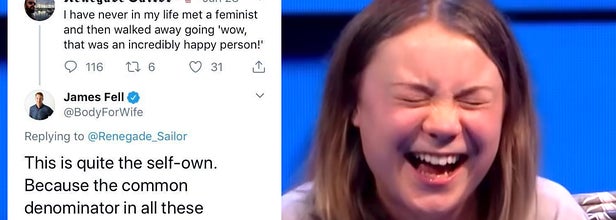greta thunberg laughing with a twitter exchange where a man called feminists unhappy and someone replied that they were unhappy talking to him