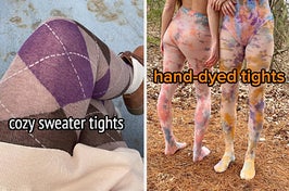 argyle sweater tights, models wearing tie dye tights