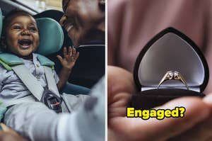 A baby laughs with their mom, someone holds an engagement ring