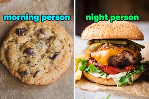 On the left, a chocolate chip cookie labeled morning person, and on the right, a cheeseburger labeled night person