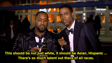 Chris Rock interviewing a person who, as they hold an Oscar, saying, &quot;This should be not just white, it should be Asian, Hispanic... there&#x27;s so much talent out there of all races&quot;