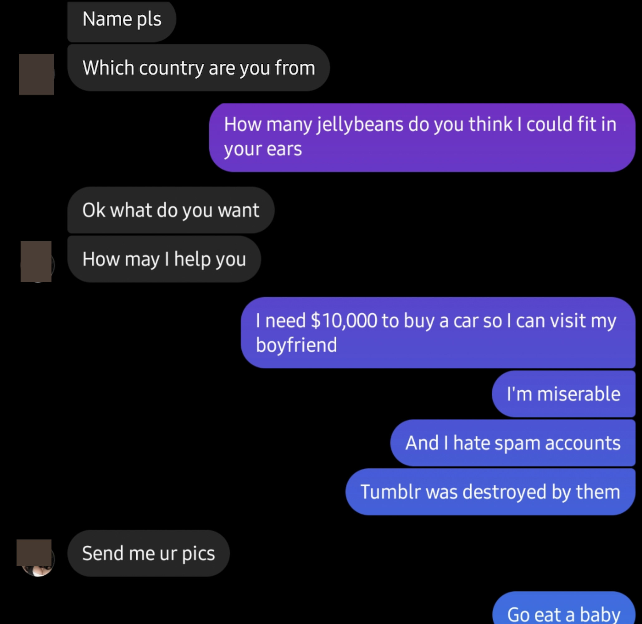 person asks a scammer how many jellybeans do you think they can fit in their ear