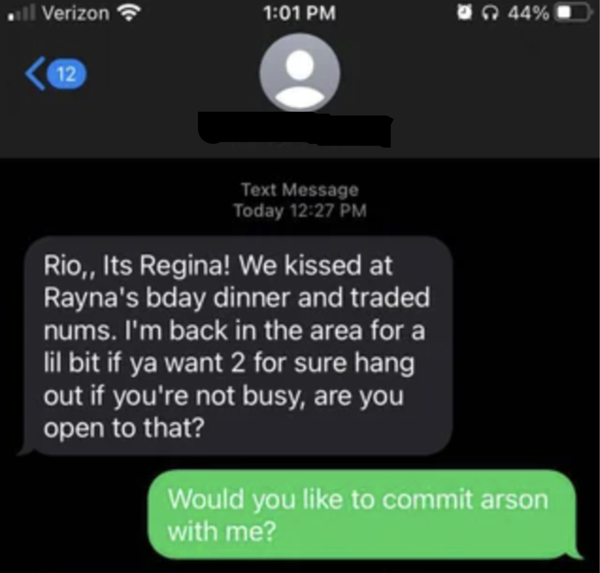 person asks a scammer if they would like to commit arson with them