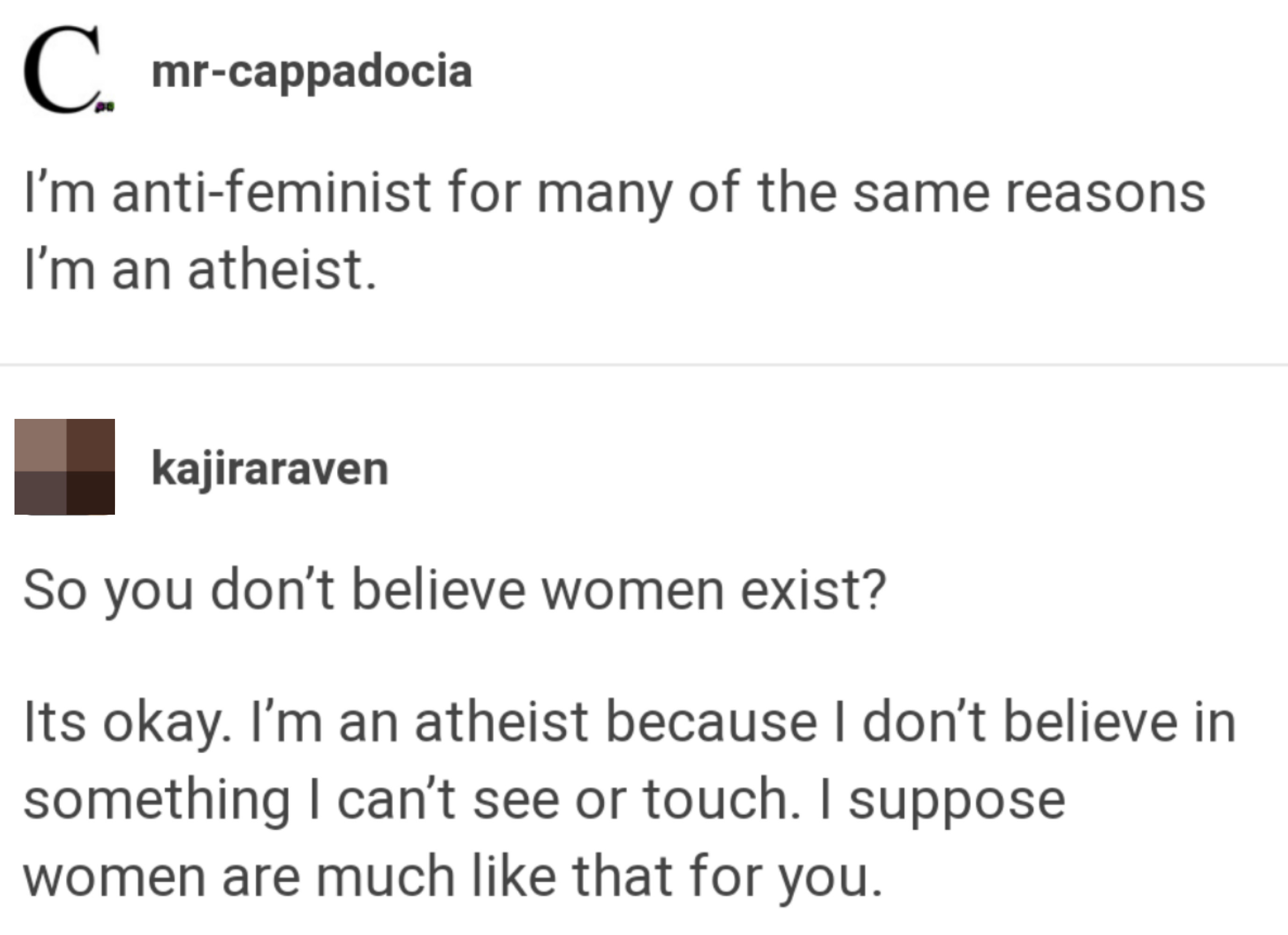 man says, i&#x27;m anitfeminist for the same reasons i&#x27;m atheist and someone responds, so you don&#x27;t believe women exist. im an atheist becuase i don&#x27;t belive in something i can&#x27;t see or touch i suppose women are like that for you