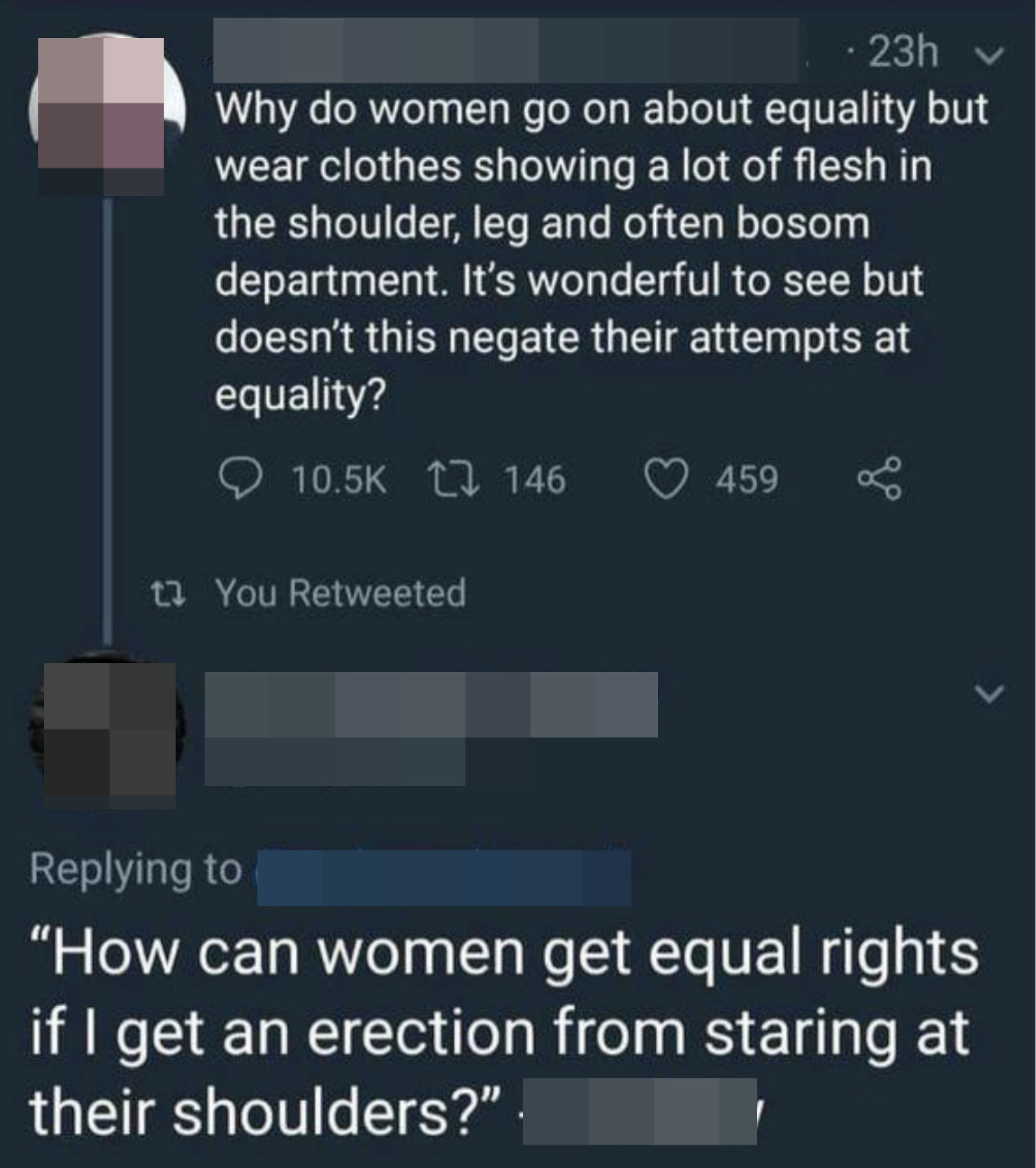 man saying women can&#x27;t get equality because they keep showing skin that he likes to see