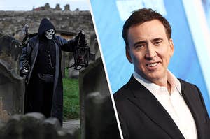 A split thumbnail of a person with a skull and bone hands in a black hood in a cemetery and Nicolas Cage