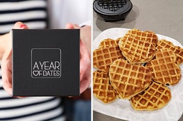 A model holding a black box that says "a year of dates" and a plate of heart shaped waffles