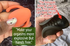 Hand holding orange clitoral vibrator and hand holding black vibrating sleeve