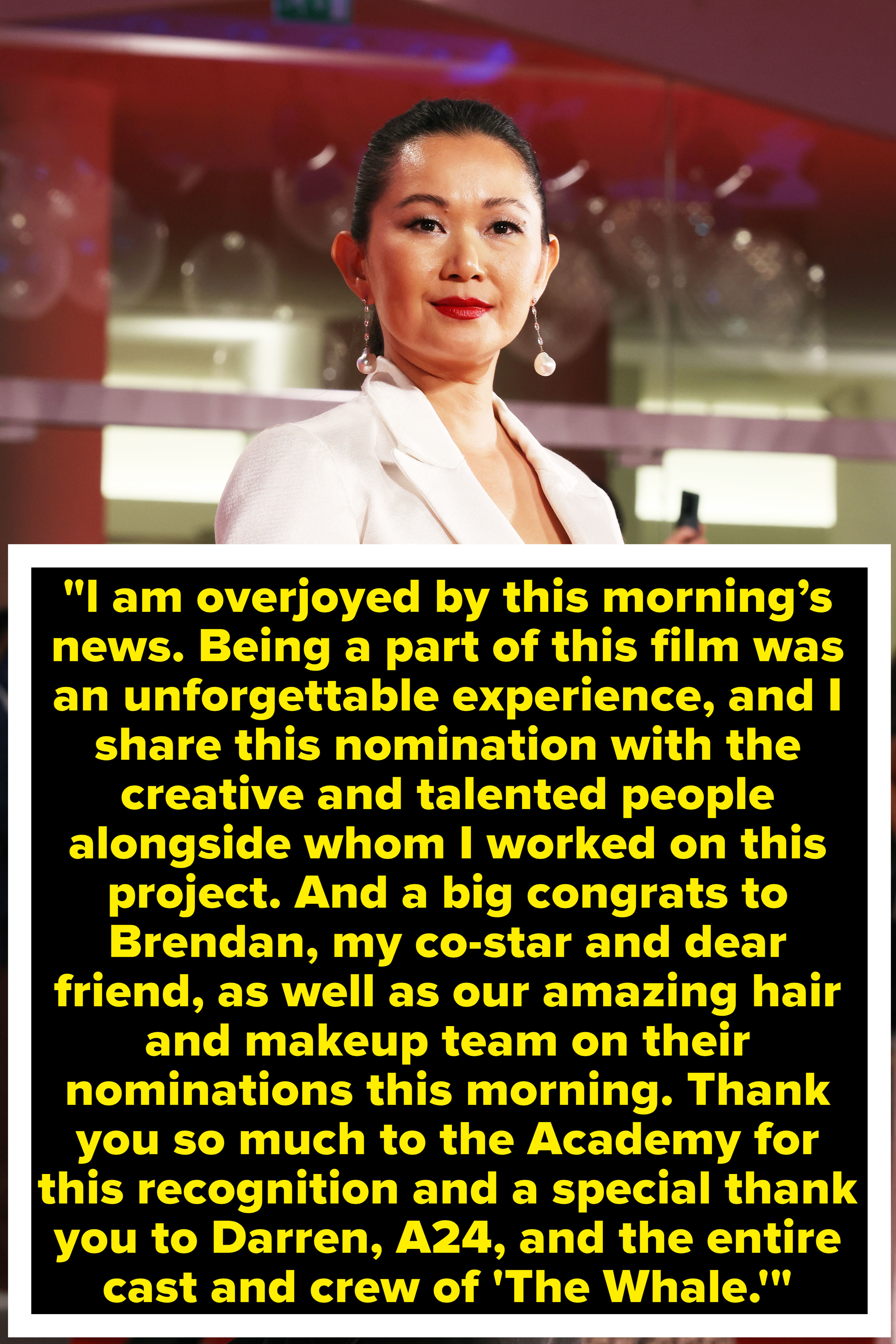 Hong says, in part, &quot;I am overjoyed by this morning&#x27;s news. Being a part of this film was an unforgettable experience, and I share this nomination with the creative and talented people alongside whom I worked on this project&quot;