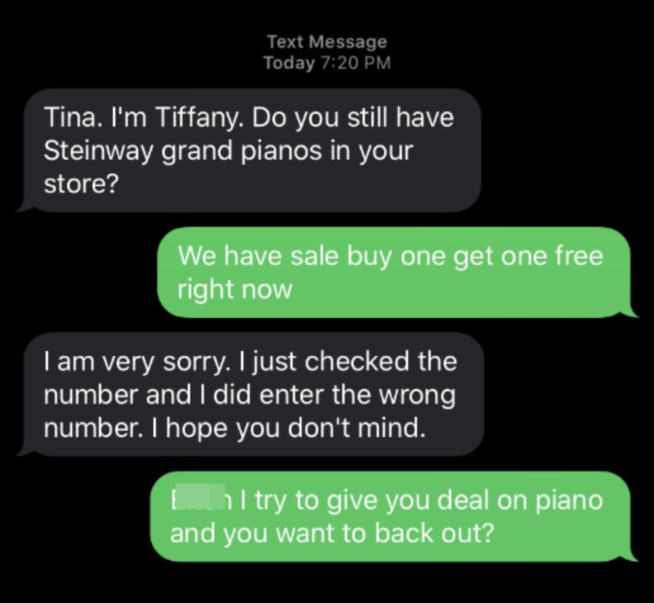 person responds to a scammers ask for grand pianos and the scammer ignores it