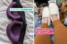 reviewer photo of a purple contoured eye mask with a 5-star review quote / reviewer wearing white slippers with their dogs at their feet