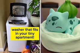 portable washer that fits in your tiny apartment and a snoozing bulbasaur figure on a mini beanbag